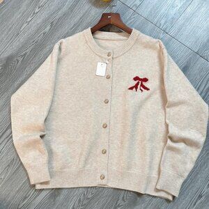 Beige Knit Cardigan Bow Embroidered Detail Cute